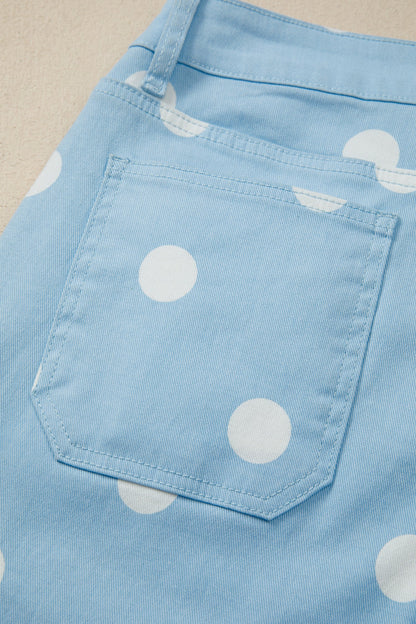 Sky Blue Polka Dot Print Raw Hem Shift Jeans