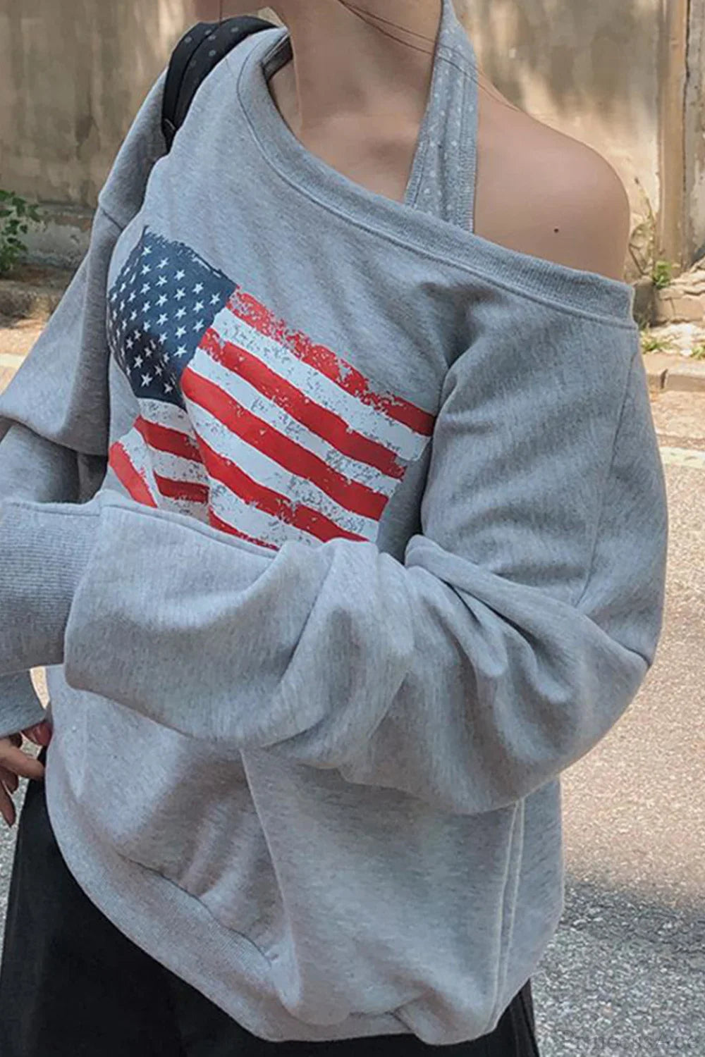 Loose Striped Print Halter Off Shoulder Fake Two Piece Sweatshirt