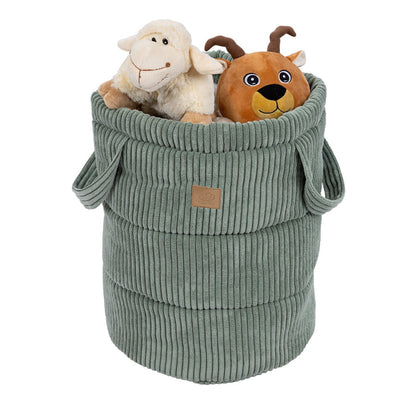 Olive green corduroy storage basket filled with stuffed animals and toys