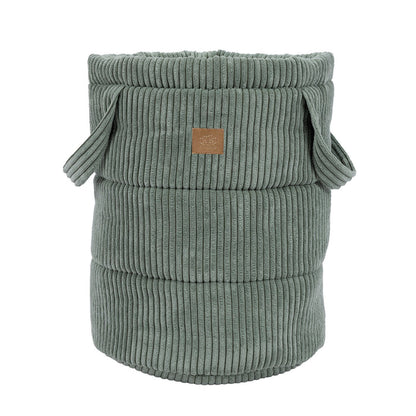 Empty olive green corduroy toy storage basket with fabric handles