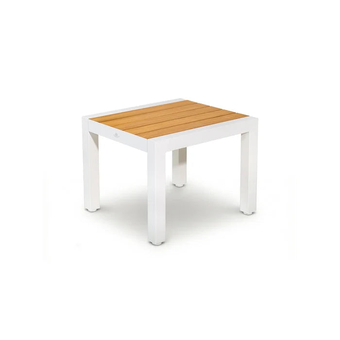 Peak Home Furnishings square patio side table featuring a white powder-coated aluminum frame and Grade-A teak wood top.