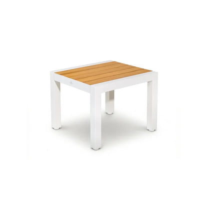 Peak Home Furnishings square patio side table featuring a white powder-coated aluminum frame and Grade-A teak wood top.