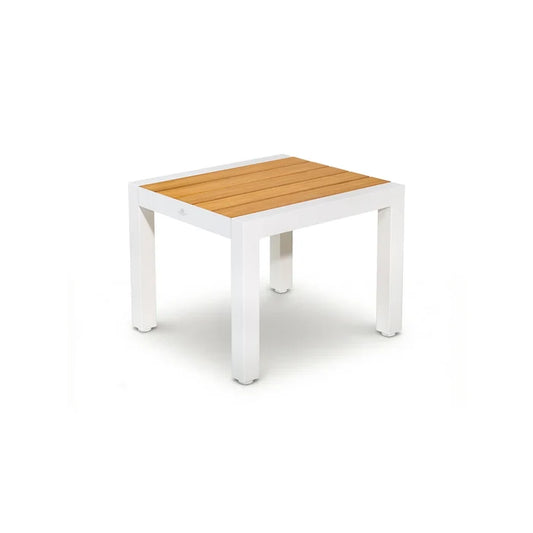 Peak Home Furnishings square patio side table featuring a white powder-coated aluminum frame and Grade-A teak wood top.
