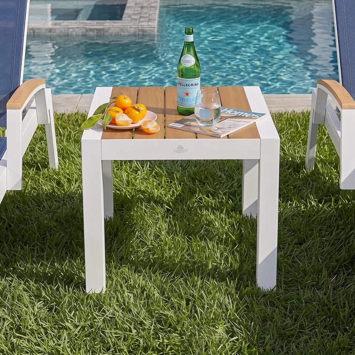 White frame square outdoor side table with teak wood slatted top, weatherproof pool patio end table