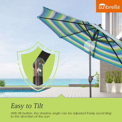 OPEN BOX I 9Ft Round Cabana Stripe Market Umbrella with Sunbrella® Fabric (Seville Seaside)