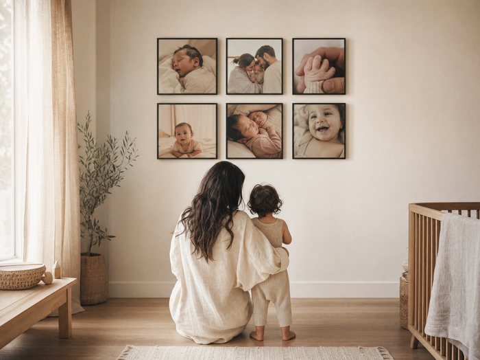 Mother and toddler looking at a wall of personalised family photo tiles
