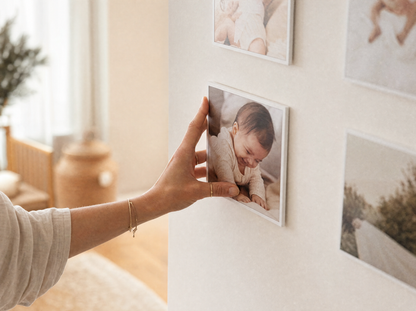 Hand pressing a restickable white-framed photo tile onto the wall, no nails