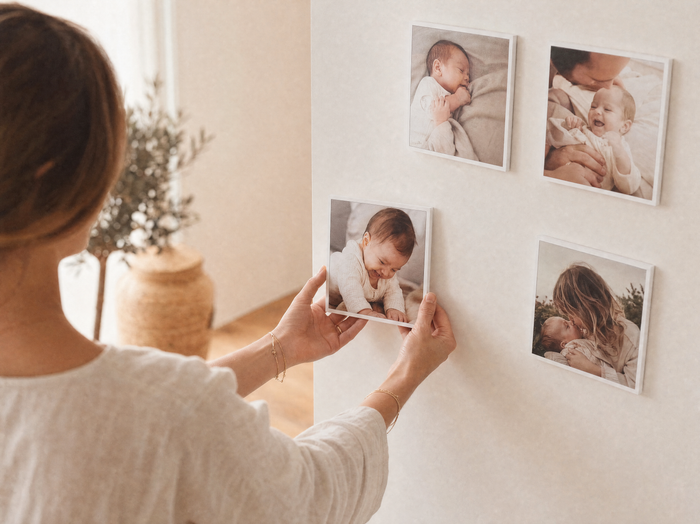 Placing a personalised photo tile on the wall, repositionable and damage-free