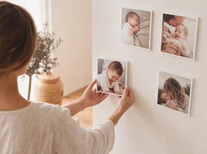 Placing a personalised photo tile on the wall, repositionable and damage-free