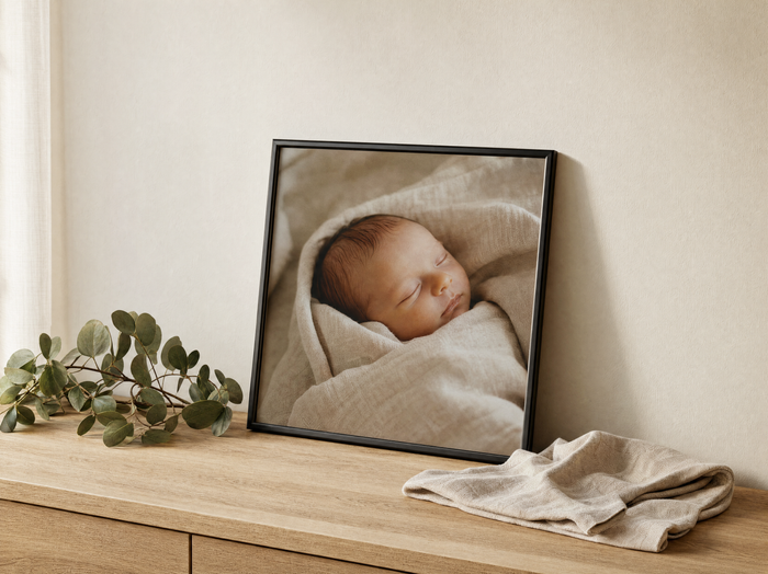 Single black-framed photo tile of a sleeping newborn on an oak dresser