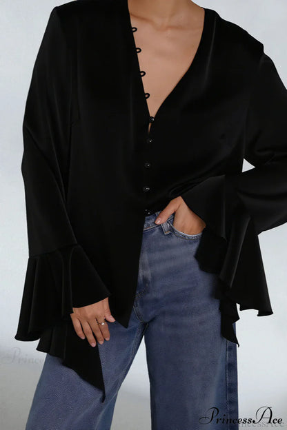 Satin Ruffled Solid Color Blouse