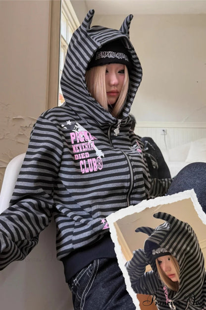 Striped Devil Horn Print Vintage Zip Hoodie