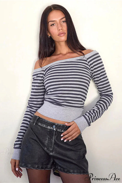 Striped Paneled Asymmetrical Neck Off Shoulder Short Long Sleeve Tee