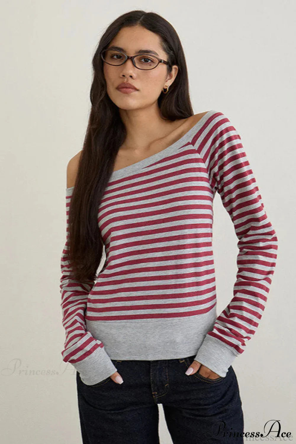 Striped Paneled Asymmetrical Neck Off Shoulder Short Long Sleeve Tee